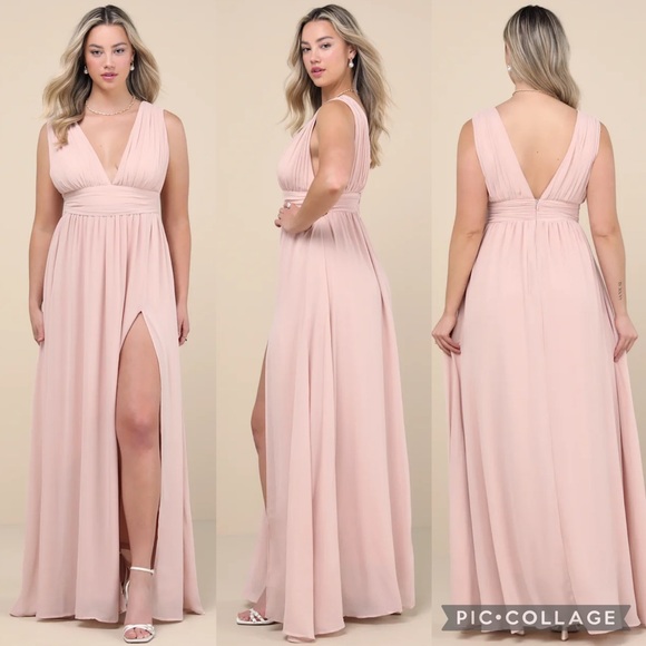 Lulu’s Blush Chiffon Pleated Bust Side Slit  Maxi Dress - Picture 1 of 11